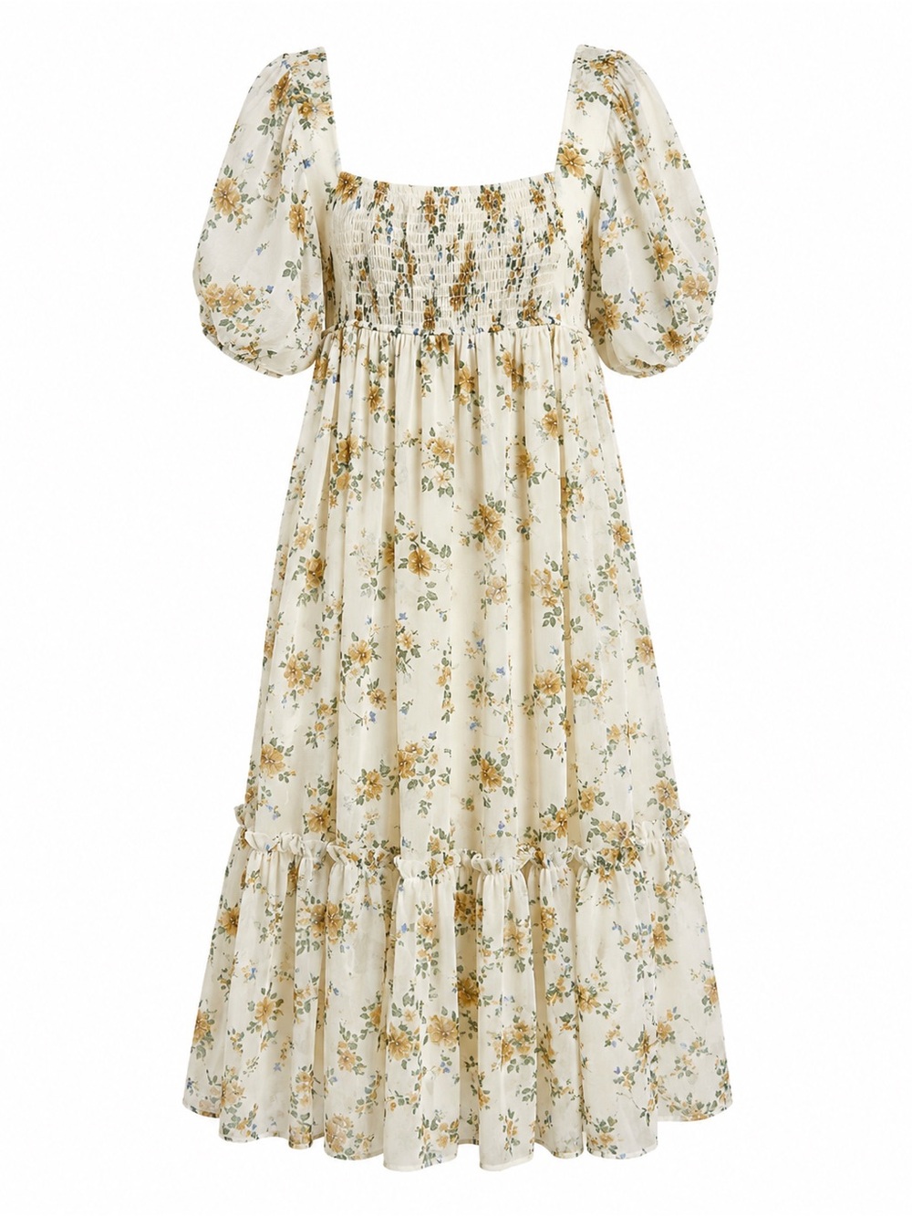 Smocked Square-Neck Midi Dress in Cream Floral